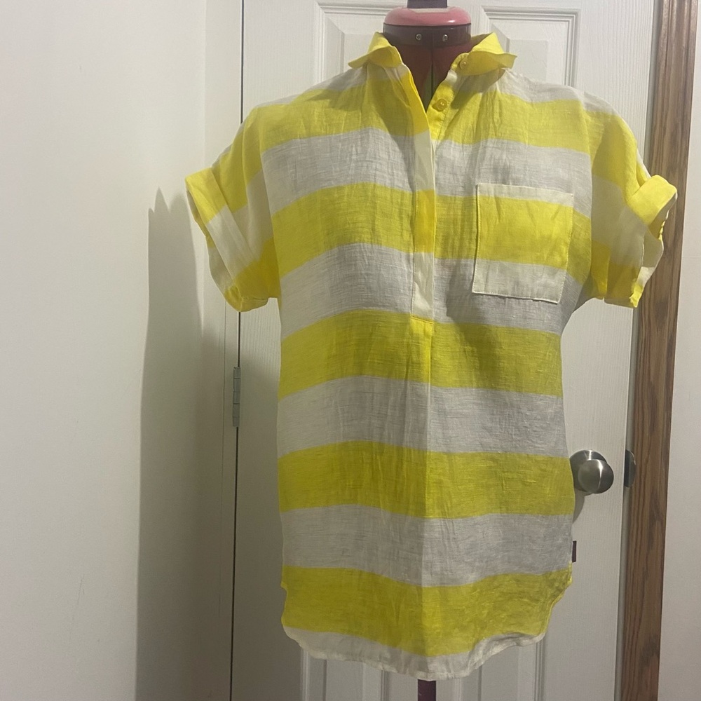 Burberry Brit Women Yellow and White Striped Short Sleeve Shirt. Size XS.